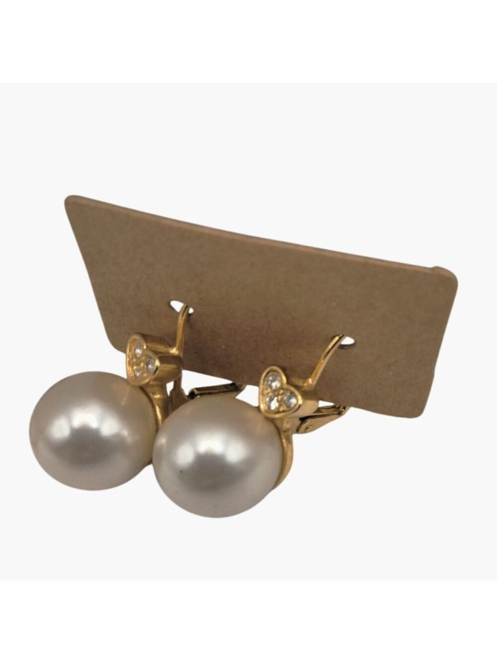 Faux Pearl Crystal Heart Drop Pierced Earrings Gold Tone Wedding Valentine - Picture 4 of 5